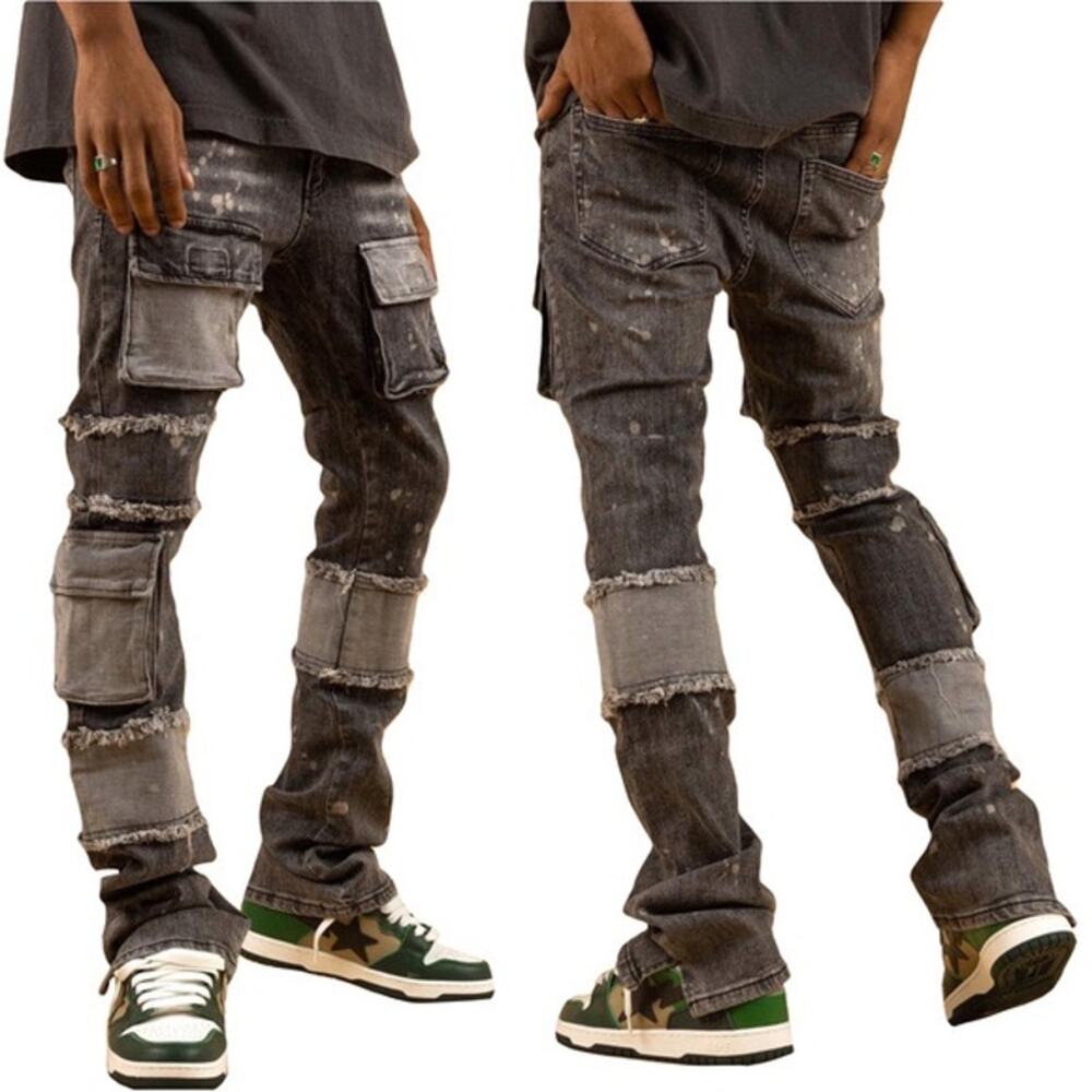 NWOT THRT Jeans Men 34 Grey Acid-Wash Raw-Hem Patchwork Cargo Flap-Pockets Slim